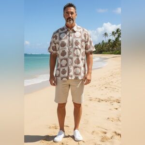 Caribbean Joe Seashell Aloha Button Down Shirt Lightweight Beach UPF Size XL